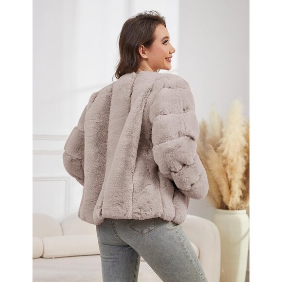 Women's Faux Fur Coat Long Sleeves Open Front Warm Winter Cropped Jacket Khaki - Picture 5 of 6